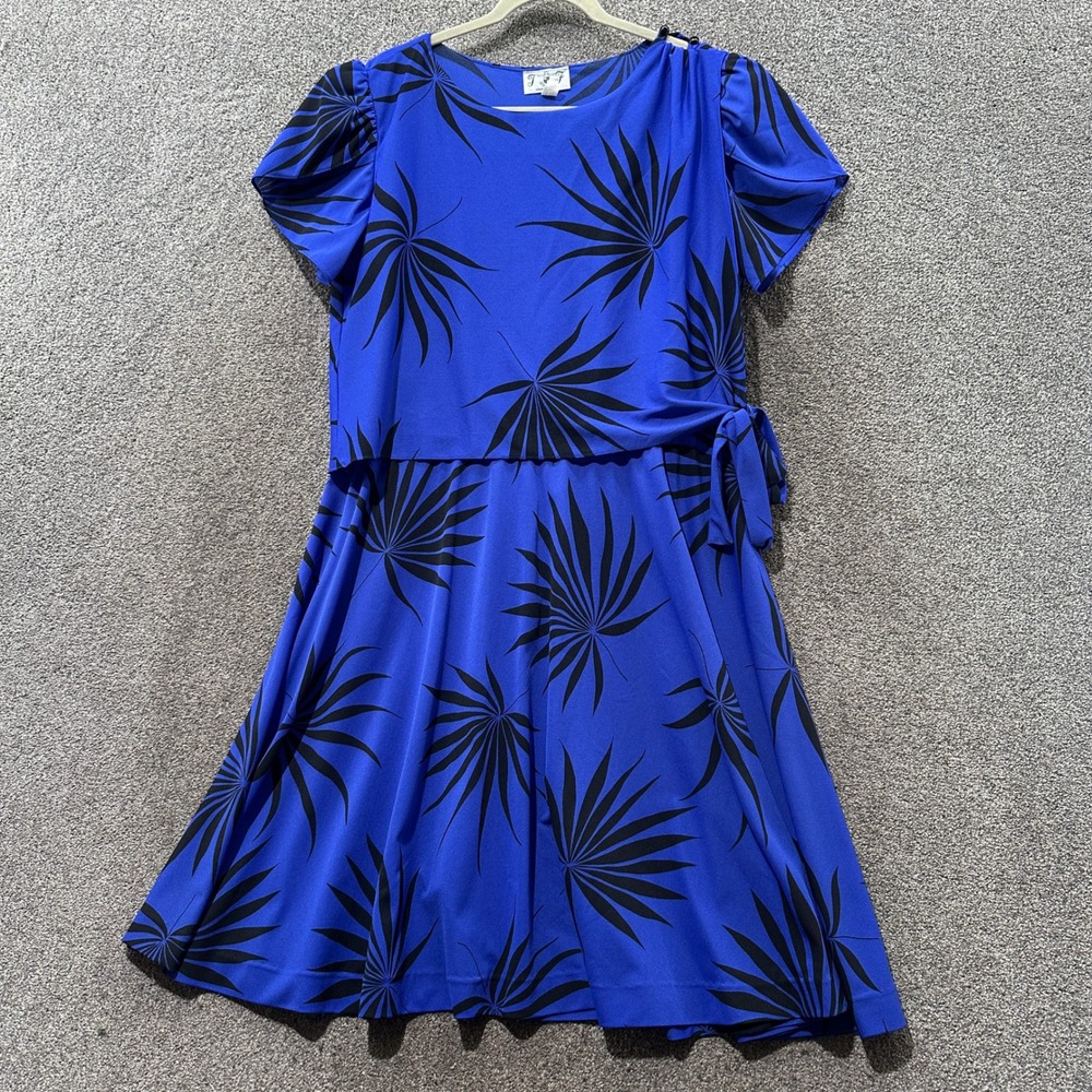 Vintage T & F Midi Dress Blue Palm Leaf Print Side Tie  Short Sleeve USA Made
